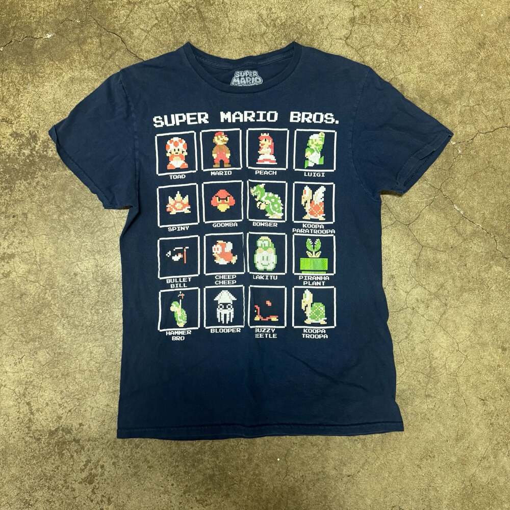 Super Mario Bros Pixel Art Character Boxes Graphic T-Shirt Navy Blue Size S